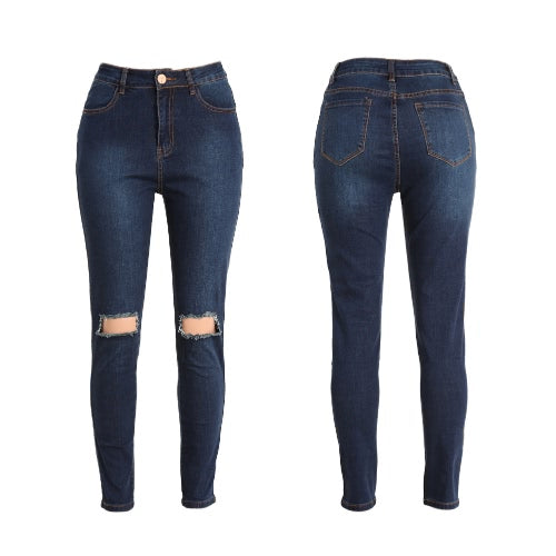 Women Ripped Jeans Denim Destroyed Holes Zipper Slim Skinny Pants Pencil Trousers Tights Dark Blue