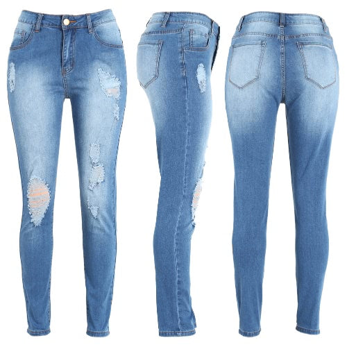 Women Ripped Jeans Denim Destroyed Frayed Hole Washed Zipper Skinny Pants Pencil Trousers Tights Blue