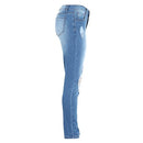 Women Ripped Jeans Denim Destroyed Frayed Hole Washed Zipper Skinny Pants Pencil Trousers Tights Blue