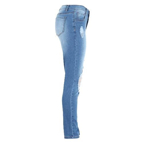 Women Ripped Jeans Denim Destroyed Frayed Hole Washed Zipper Skinny Pants Pencil Trousers Tights Blue