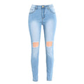 Women Washed Jeans Denim Destroyed Frayed Hole Zipper Pockets Pants Skinny Pencil Trousers Tights Blue