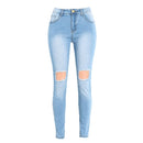 Women Washed Jeans Denim Destroyed Frayed Hole Zipper Pockets Pants Skinny Pencil Trousers Tights Blue