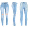 Women Washed Jeans Denim Destroyed Frayed Hole Zipper Pockets Pants Skinny Pencil Trousers Tights Blue