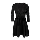 Women Dress Solid Color Deep V Neck Long Sleeve Skater Skirt Sexy Ladies Mini Evening Party One-Piece