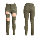 Women Washed Denim Jeans Ripped Hole Zipper Pockets High Waist Stretchy Skinny  Pencil Trousers Army Green