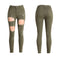 Women Washed Denim Jeans Ripped Hole Zipper Pockets High Waist Stretchy Skinny  Pencil Trousers Army Green