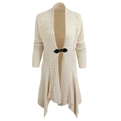 New Women Knitted Cardigan Solid Open Front PU Button Irregular Hem Long Sleeves Casual Outerwear Coat