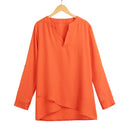 New Fashion Women Chiffon Blouse V-Neck Rolled Sleeve Cross Hem Solid Shirt Top Orange