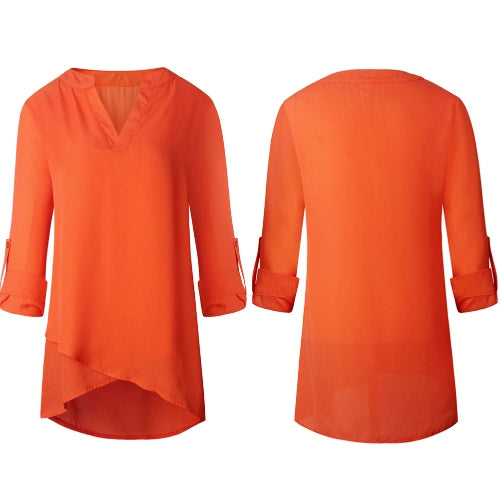 New Fashion Women Chiffon Blouse V-Neck Rolled Sleeve Cross Hem Solid Shirt Top Orange