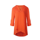 New Fashion Women Chiffon Blouse V-Neck Rolled Sleeve Cross Hem Solid Shirt Top Orange