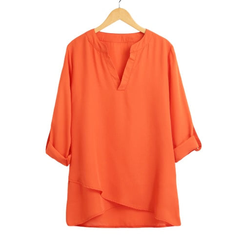 New Fashion Women Chiffon Blouse V-Neck Rolled Sleeve Cross Hem Solid Shirt Top Orange