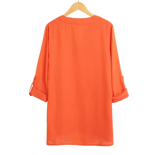 New Fashion Women Chiffon Blouse V-Neck Rolled Sleeve Cross Hem Solid Shirt Top Orange