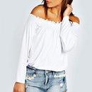 New Fashion Women Blouse Elastic Off Shoulder Long Sleeve Solid Color Casual T-Shirt Tops Tee