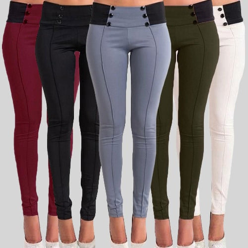 New Fashion Women Slim Pants Elastic Low Waist Buttons Sexy Bodycon Skinny Pencil Leggings Trousers