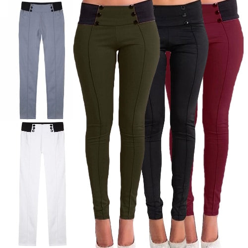 New Fashion Women Slim Pants Elastic Low Waist Buttons Sexy Bodycon Skinny Pencil Leggings Trousers