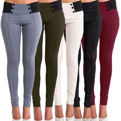 New Fashion Women Slim Pants Elastic Low Waist Buttons Sexy Bodycon Skinny Pencil Leggings Trousers