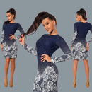 Women Dress Polka Dot Floral Print Round Neck Long Sleeve Bodycon Mini Night Club Party One-Piece Dark Blue