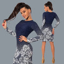 Women Dress Polka Dot Floral Print Round Neck Long Sleeve Bodycon Mini Night Club Party One-Piece Dark Blue