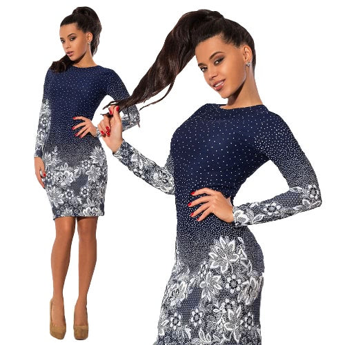 Women Dress Polka Dot Floral Print Round Neck Long Sleeve Bodycon Mini Night Club Party One-Piece Dark Blue