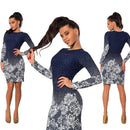 Women Dress Polka Dot Floral Print Round Neck Long Sleeve Bodycon Mini Night Club Party One-Piece Dark Blue