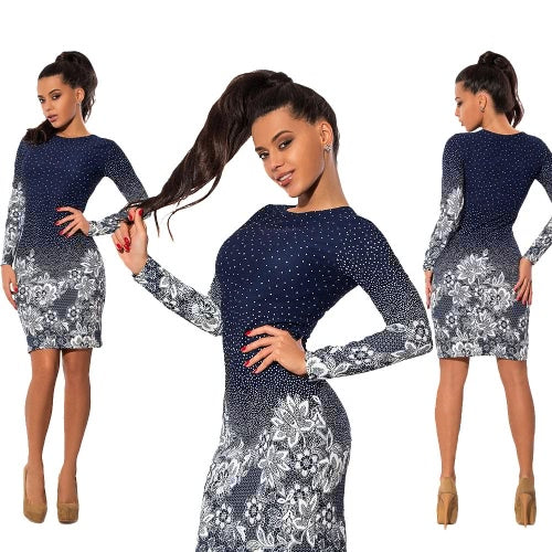 Women Dress Polka Dot Floral Print Round Neck Long Sleeve Bodycon Mini Night Club Party One-Piece Dark Blue