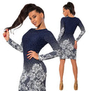 Women Dress Polka Dot Floral Print Round Neck Long Sleeve Bodycon Mini Night Club Party One-Piece Dark Blue