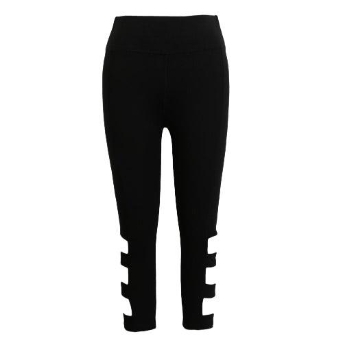 Women Leggings Cropped Cutout Pants High Waist Elastic Sports Workout Fitness Tights Trousers Black