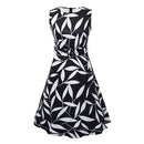 Women Leaf Print 50s 60s Sleeveless Retro Dress Vintage Rockabilly Party Swing Dress Black/Yellow