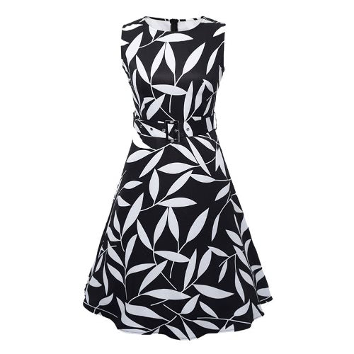 Women Leaf Print 50s 60s Sleeveless Retro Dress Vintage Rockabilly Party Swing Dress Black/Yellow