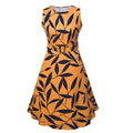 Women Leaf Print 50s 60s Sleeveless Retro Dress Vintage Rockabilly Party Swing Dress Black/Yellow