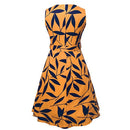 Women Leaf Print 50s 60s Sleeveless Retro Dress Vintage Rockabilly Party Swing Dress Black/Yellow