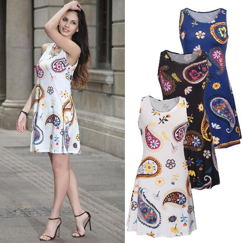 New Women Summer Mini Dress Vintage Floral Print Sleeveless Casual A-Line Dress Tank Dress Black/Blue/White