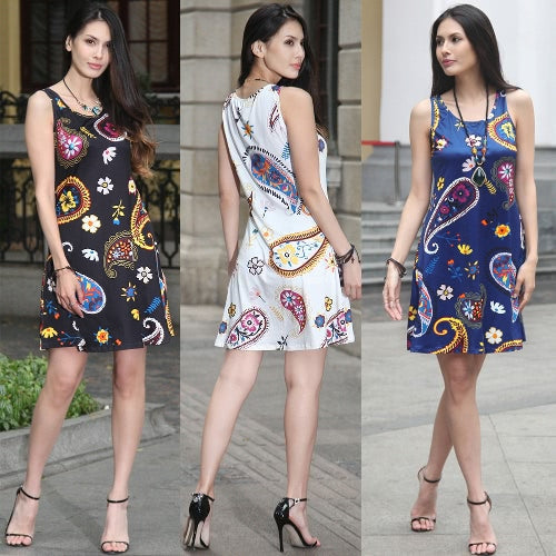 New Women Summer Mini Dress Vintage Floral Print Sleeveless Casual A-Line Dress Tank Dress Black/Blue/White