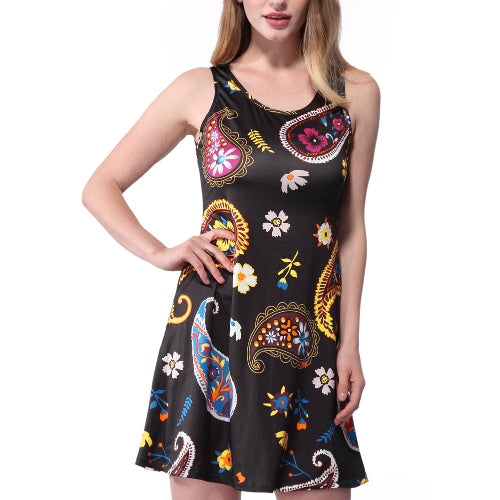 New Women Summer Mini Dress Vintage Floral Print Sleeveless Casual A-Line Dress Tank Dress Black/Blue/White