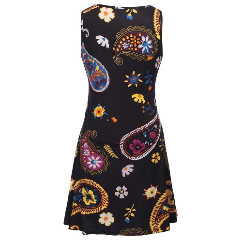 New Women Summer Mini Dress Vintage Floral Print Sleeveless Casual A-Line Dress Tank Dress Black/Blue/White