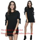 Women Tee Dress Solid Color Bow Tie Cuff Dropped Shoulder Round Neck Short Sleeve Shift Casual Mini One-Piece Black