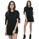 Women Tee Dress Solid Color Bow Tie Cuff Dropped Shoulder Round Neck Short Sleeve Shift Casual Mini One-Piece Black