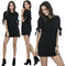 Women Tee Dress Solid Color Bow Tie Cuff Dropped Shoulder Round Neck Short Sleeve Shift Casual Mini One-Piece Black