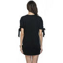 Women Tee Dress Solid Color Bow Tie Cuff Dropped Shoulder Round Neck Short Sleeve Shift Casual Mini One-Piece Black