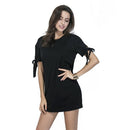 Women Tee Dress Solid Color Bow Tie Cuff Dropped Shoulder Round Neck Short Sleeve Shift Casual Mini One-Piece Black