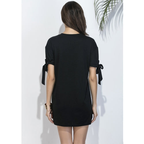 Women Tee Dress Solid Color Bow Tie Cuff Dropped Shoulder Round Neck Short Sleeve Shift Casual Mini One-Piece Black