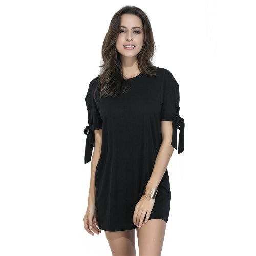 Women Tee Dress Solid Color Bow Tie Cuff Dropped Shoulder Round Neck Short Sleeve Shift Casual Mini One-Piece Black