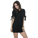 Women Tee Dress Solid Color Bow Tie Cuff Dropped Shoulder Round Neck Short Sleeve Shift Casual Mini One-Piece Black