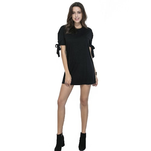 Women Tee Dress Solid Color Bow Tie Cuff Dropped Shoulder Round Neck Short Sleeve Shift Casual Mini One-Piece Black