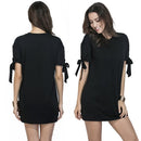 Women Tee Dress Solid Color Bow Tie Cuff Dropped Shoulder Round Neck Short Sleeve Shift Casual Mini One-Piece Black