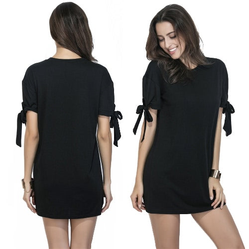 Women Tee Dress Solid Color Bow Tie Cuff Dropped Shoulder Round Neck Short Sleeve Shift Casual Mini One-Piece Black