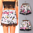 New Fashion Women Shorts Floral Print Elastic Mid Waist Lace Hem Slim Casual Boho Beach Wear Black