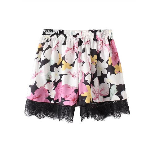 New Fashion Women Shorts Floral Print Elastic Mid Waist Lace Hem Slim Casual Boho Beach Wear Black