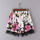 New Fashion Women Shorts Floral Print Elastic Mid Waist Lace Hem Slim Casual Boho Beach Wear Black