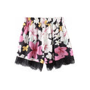 New Fashion Women Shorts Floral Print Elastic Mid Waist Lace Hem Slim Casual Boho Beach Wear Black